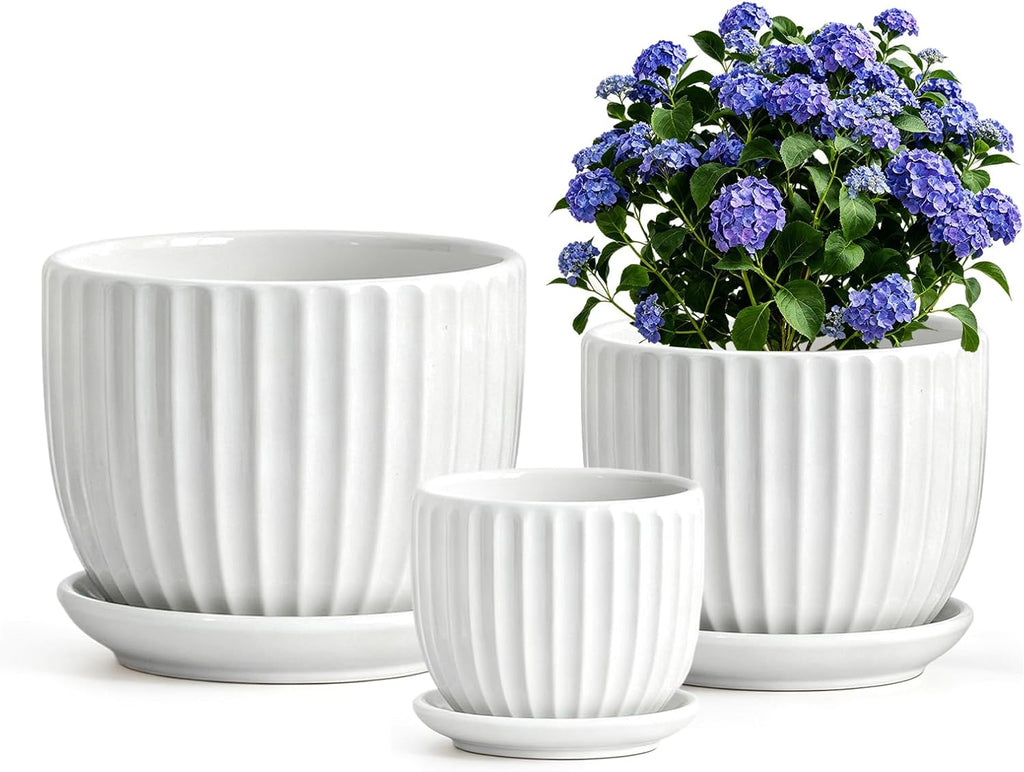 White Plant Pots,Ceramic Flower Pot Set of 3 with Drainage Holes & Saucers