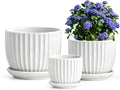 White Plant Pots,Ceramic Flower Pot Set of 3 with Drainage Holes & Saucers