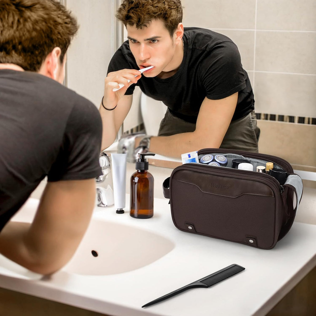 Wedama Toiletry Bag for Men, Medium Hanging Travel Toiletry Bag, Extra Electronic Organizer Bag Waterproof Shaving Bag for Toiletries with PU Handle for Travel Business Trips Swim Camping, Brown