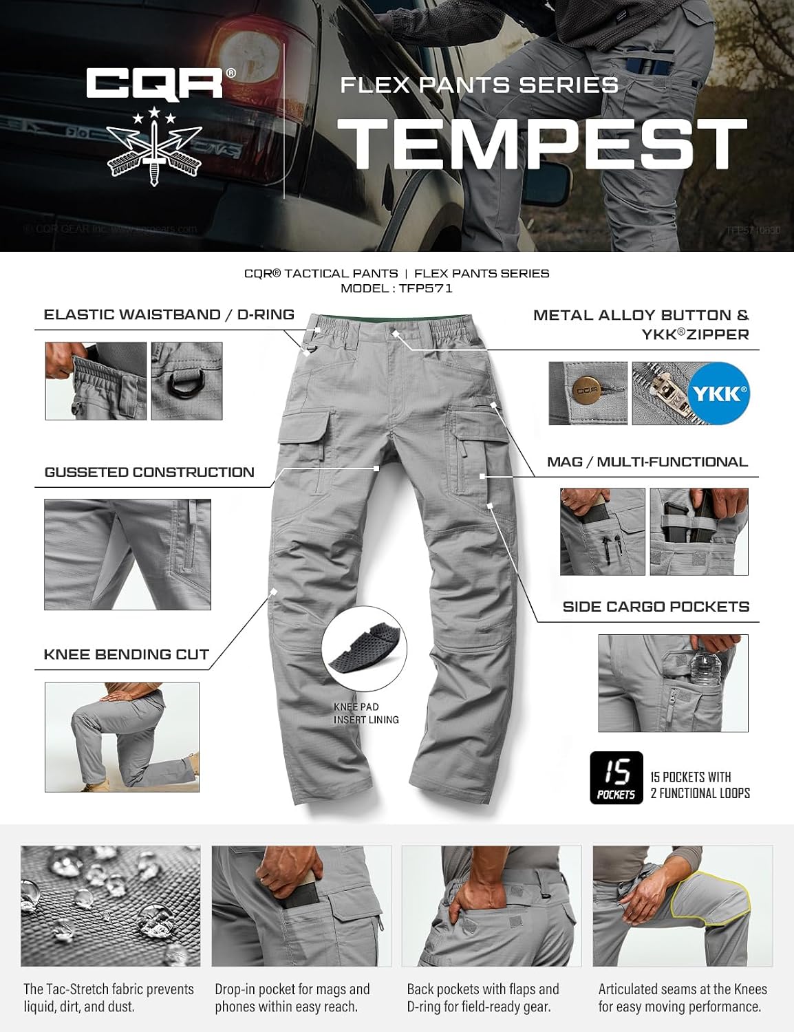 CQR Men's Flex Stretch Tactical Pants, Water Resistant Ripstop Cargo Pants, Lightweight EDC Outdoor Work Hiking Pants