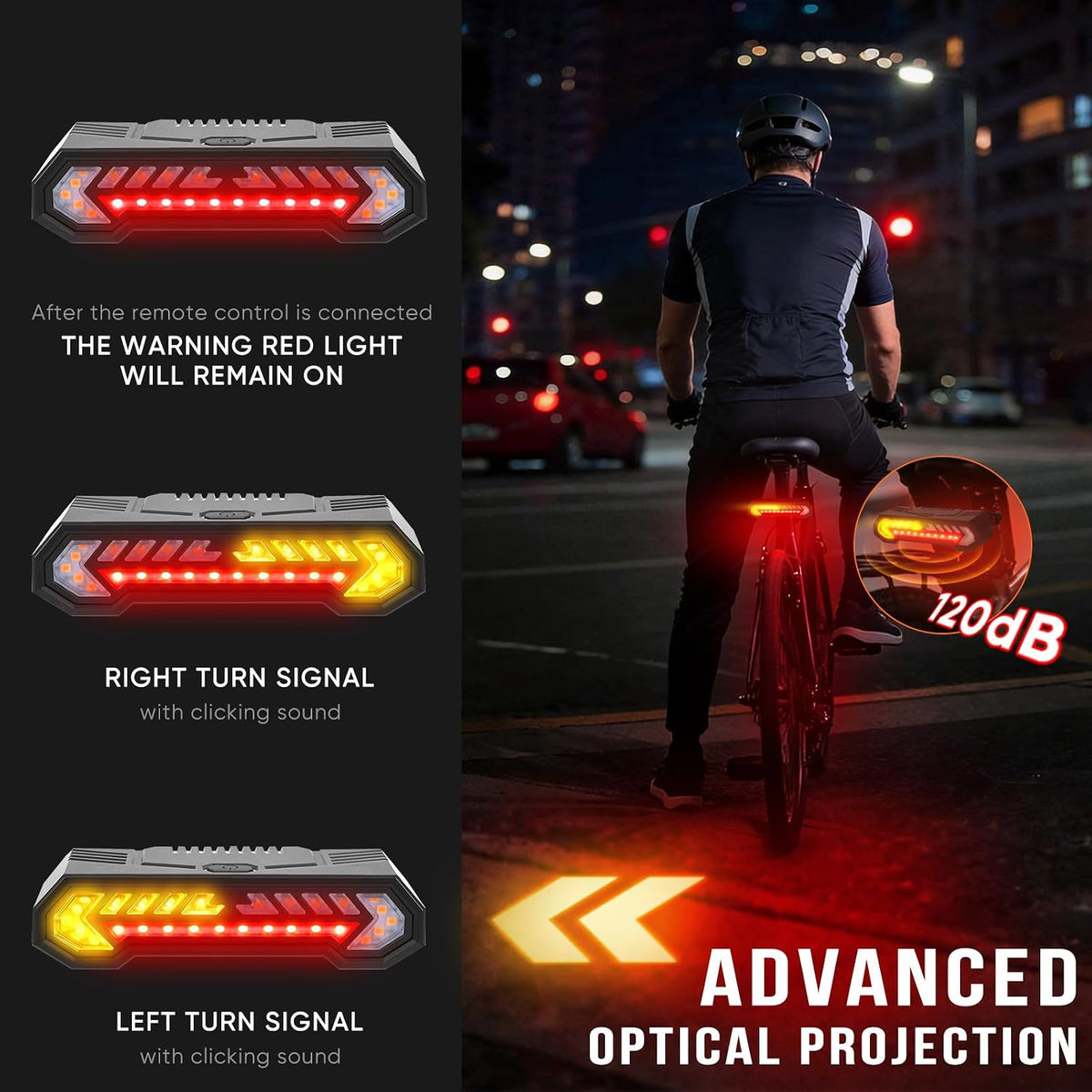 Vcwtty Smart Bike Tail Light, Wireless Remote Turn Signals with 120dB Audio Warning & Virtual Lane Projection, USB-C Rechargeable Rear Cycling Light, IP65 Waterproof Anti-Collision Safety Signal