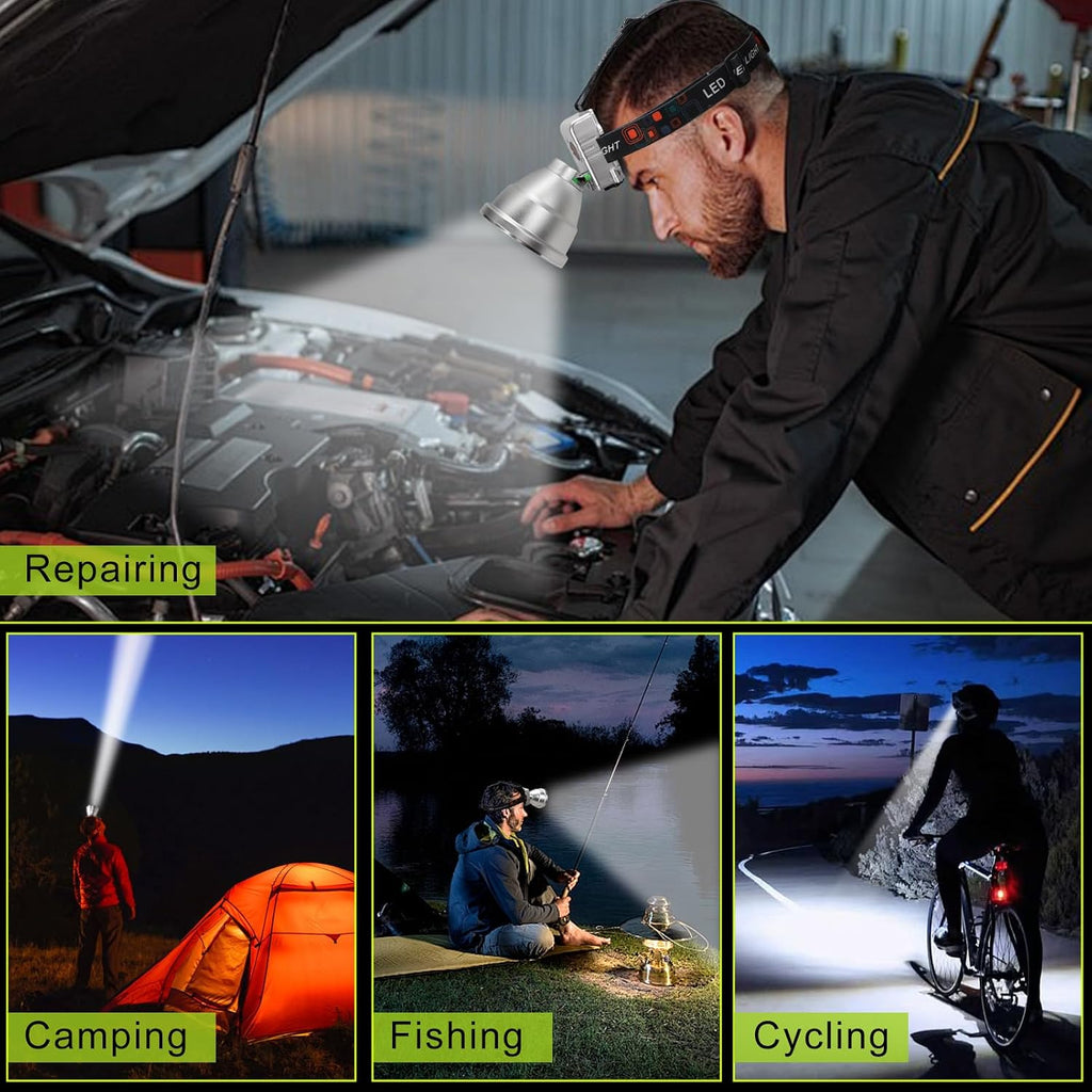 Rechargeable LED Headlamp with Flood and Spot Beam, Power Display, 5 Lighting Modes, Ultra Bright High Lumen Waterproof Head Torch for Camping, Running, Hiking, Fishing, Hunting and Outdoor Activities