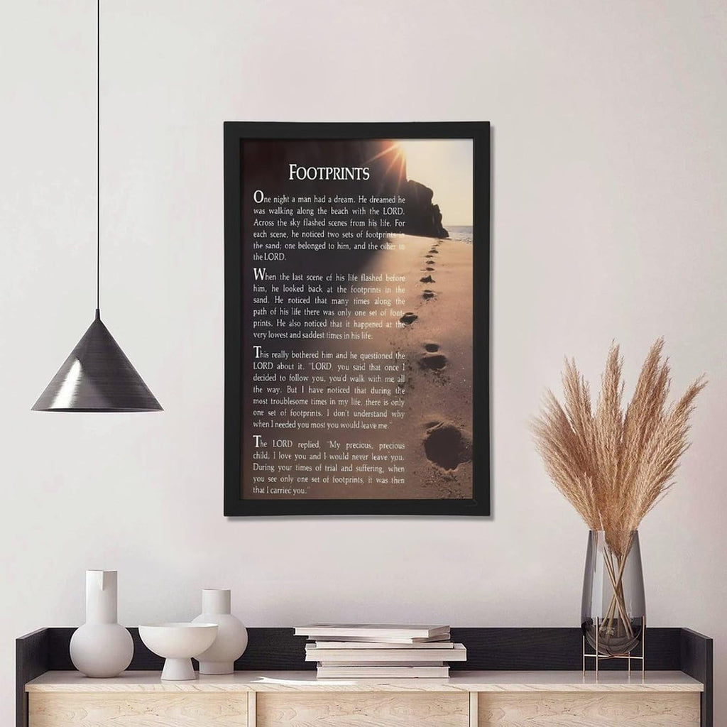 Footprints in the Sand Religious Canvas Wall Art Posters, Inspirational Beach Sunset Poem Print Poster (Black Framed 20x30inch, Footprints(7))