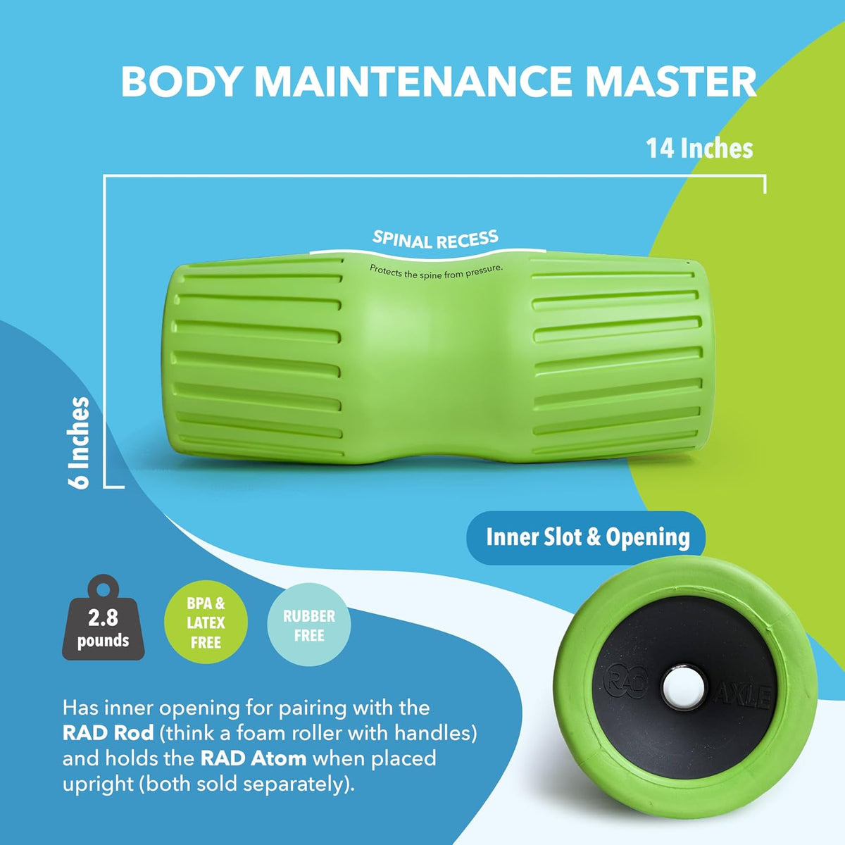 RAD Axle – Extra Firm High-Density Exercise Foam Roller – Deep Tissue Myofascial Release for Back, Hips, Legs & Shoulders – Muscle Recovery Tool for Stretching & Mobility