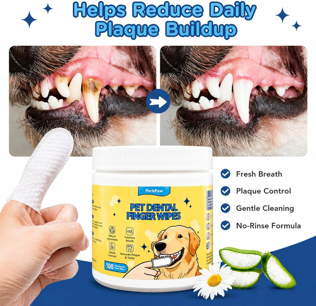 Pet Dental Finger Wipes for Dogs & Cats, 100 Count Pet Teeth Cleaning Wipes, Textured Finger Toothbrush Wipes for Fresh Breath, Plaque & Tartar Care, Gentle No-Rinse Oral Care