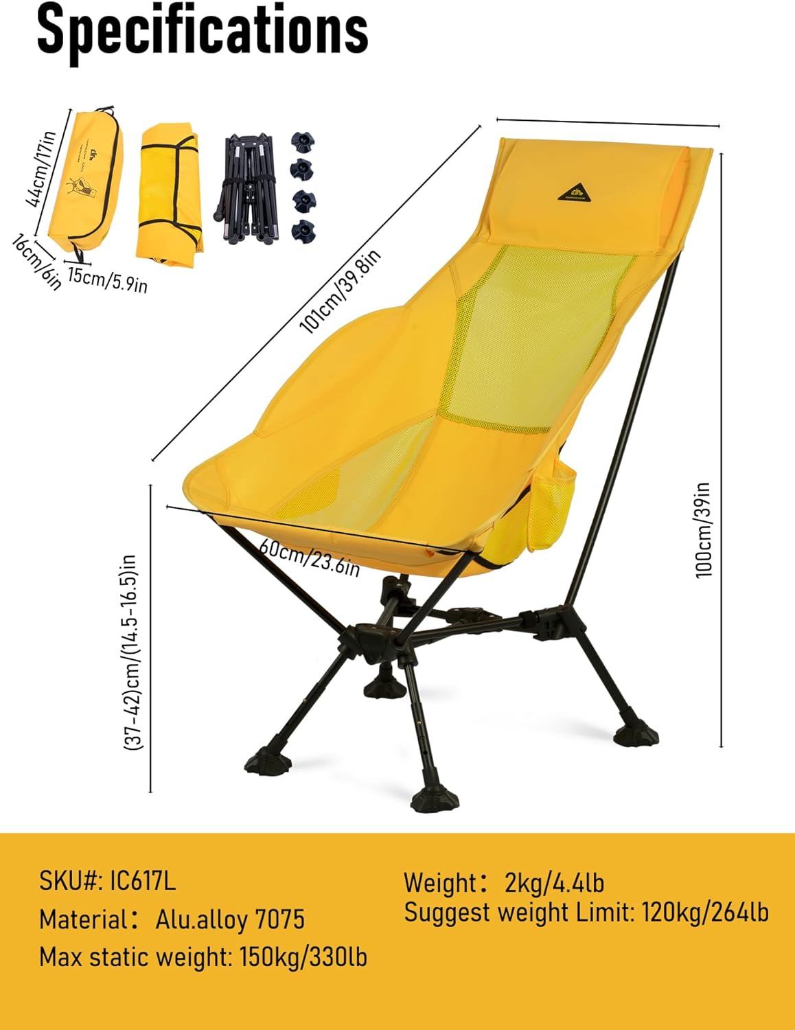 iClimb Ultralight Compact Folding Anti-Sinking Chair, High Back, Yellow