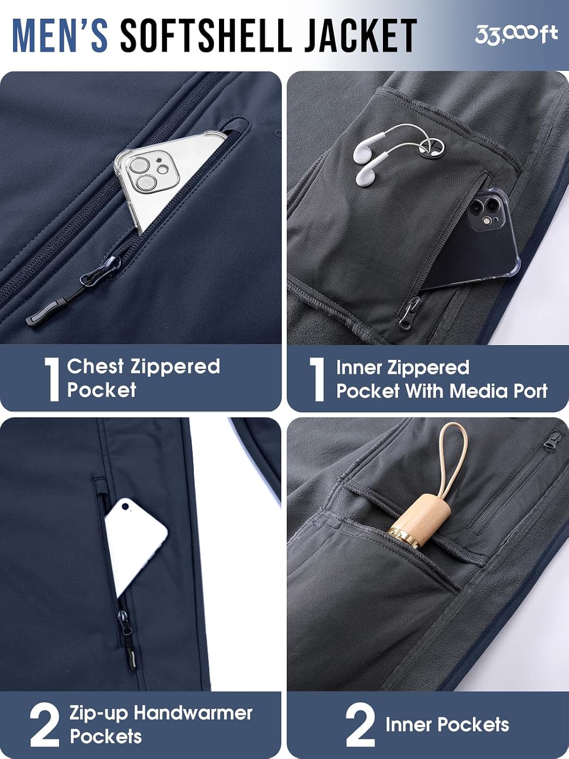 33,000ft Men's Hooded Softshell Jacket Waterproof Fleece Windbreaker Jacket