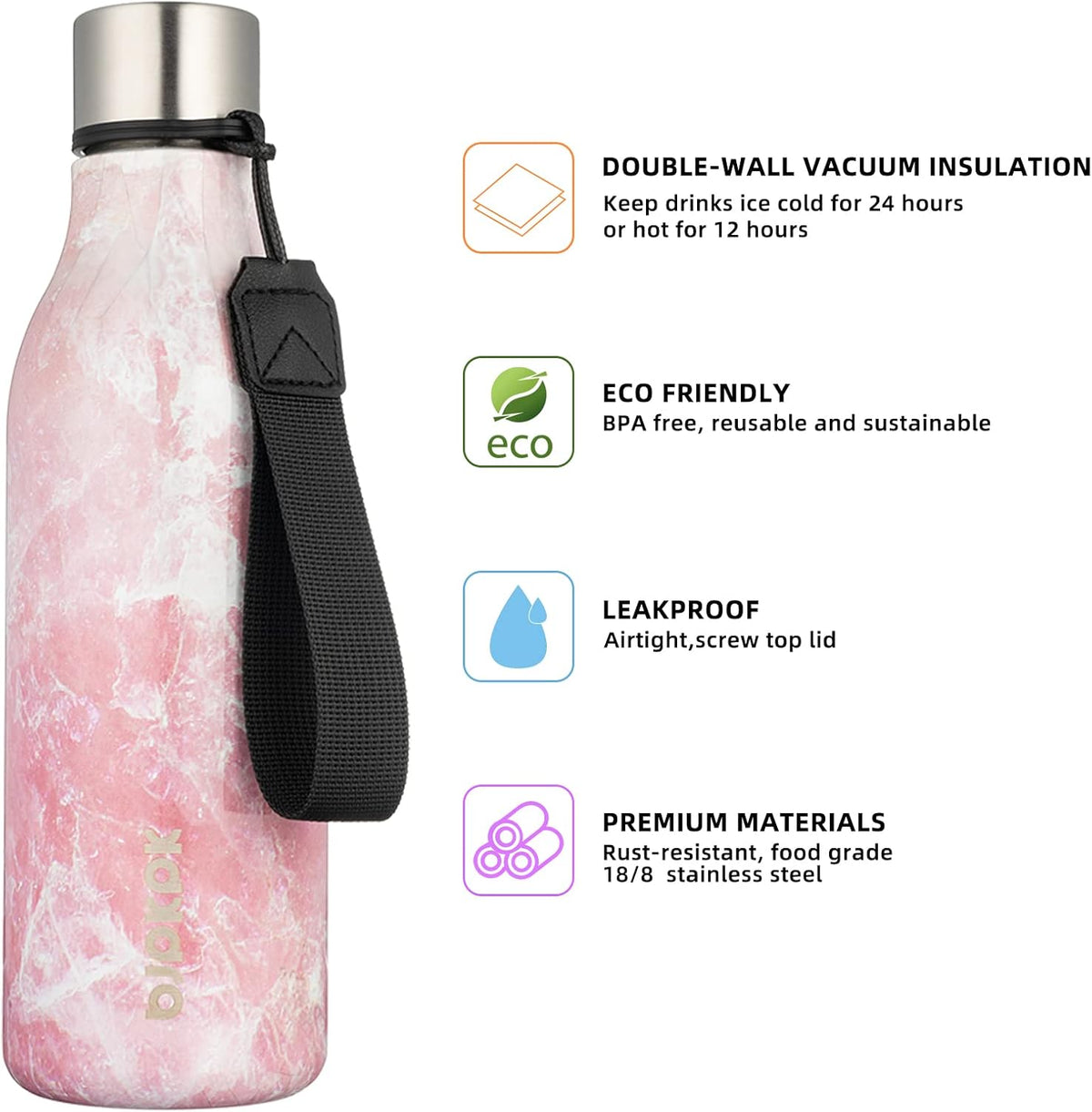 BJPKPK 18oz Insulated Water Bottle, Stainless Steel Bottle with Carry Strap