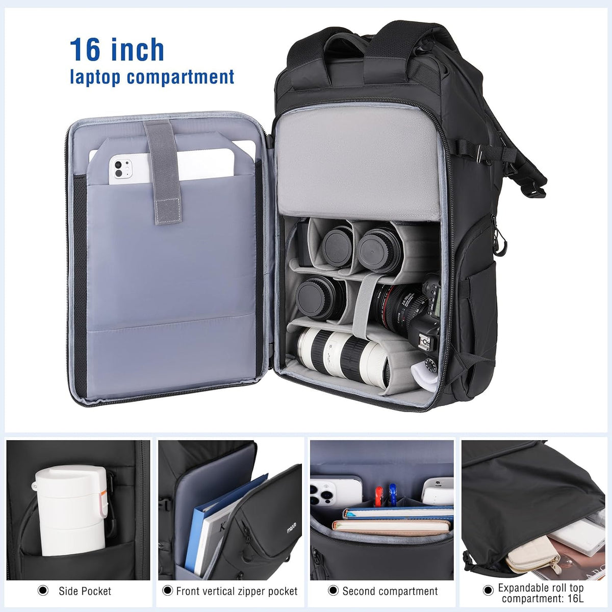 MOSISO Waterproof Camera Backpack, DSLR/SLR/Mirrorless Camera Bag, Black