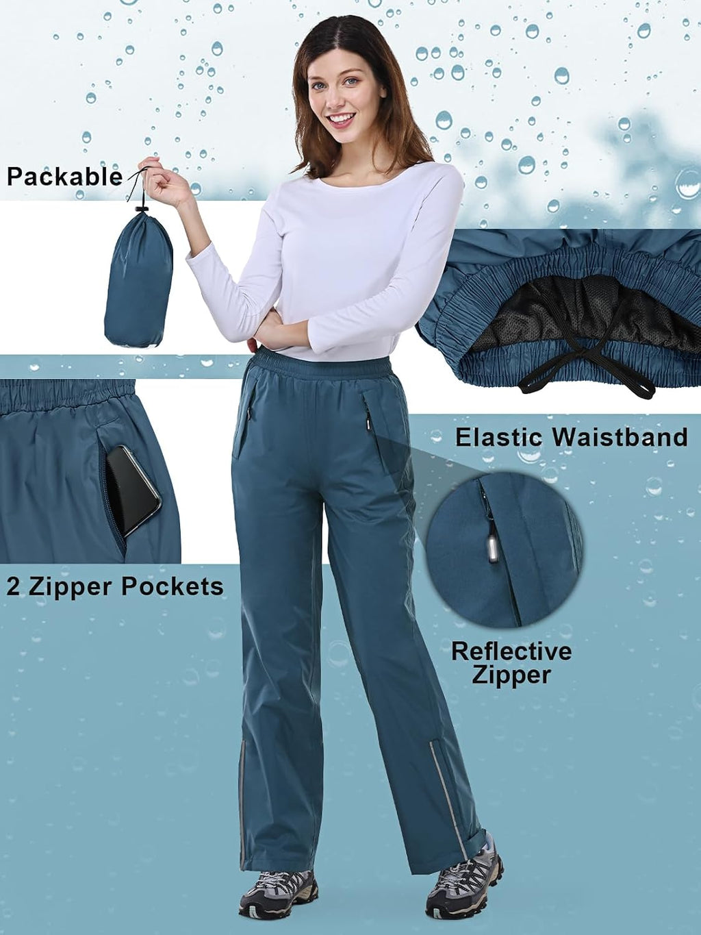 Outdoor Ventures Women's Rain Pants Packable Waterproof Hiking Pants