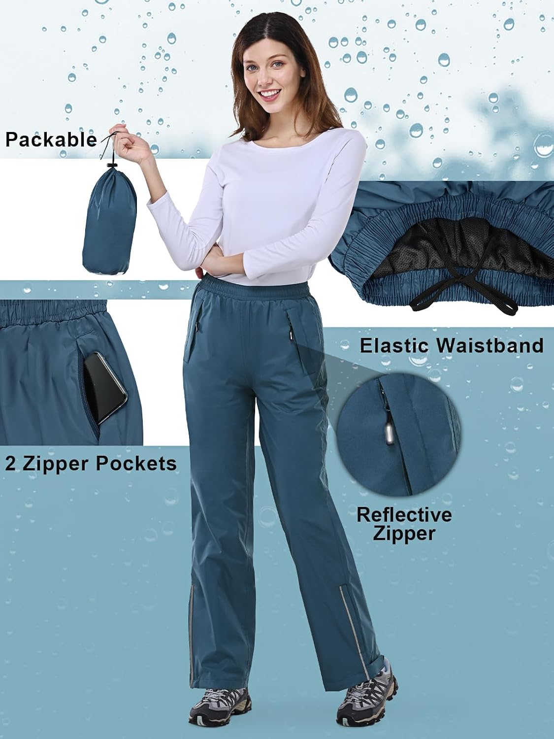 Outdoor Ventures Women's Rain Pants Packable Waterproof Hiking Pants