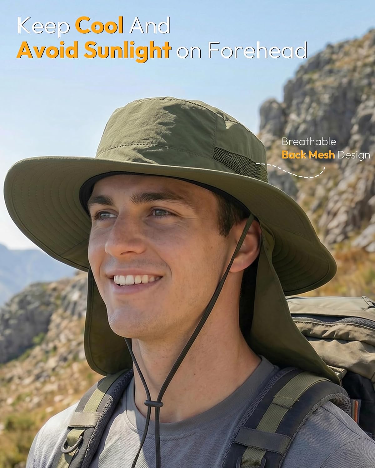 Sun Hats for Men Wide Brim Bucket Hat with Neck Flap for Fishing & Hiking Mens Sun Hat for UV Protection