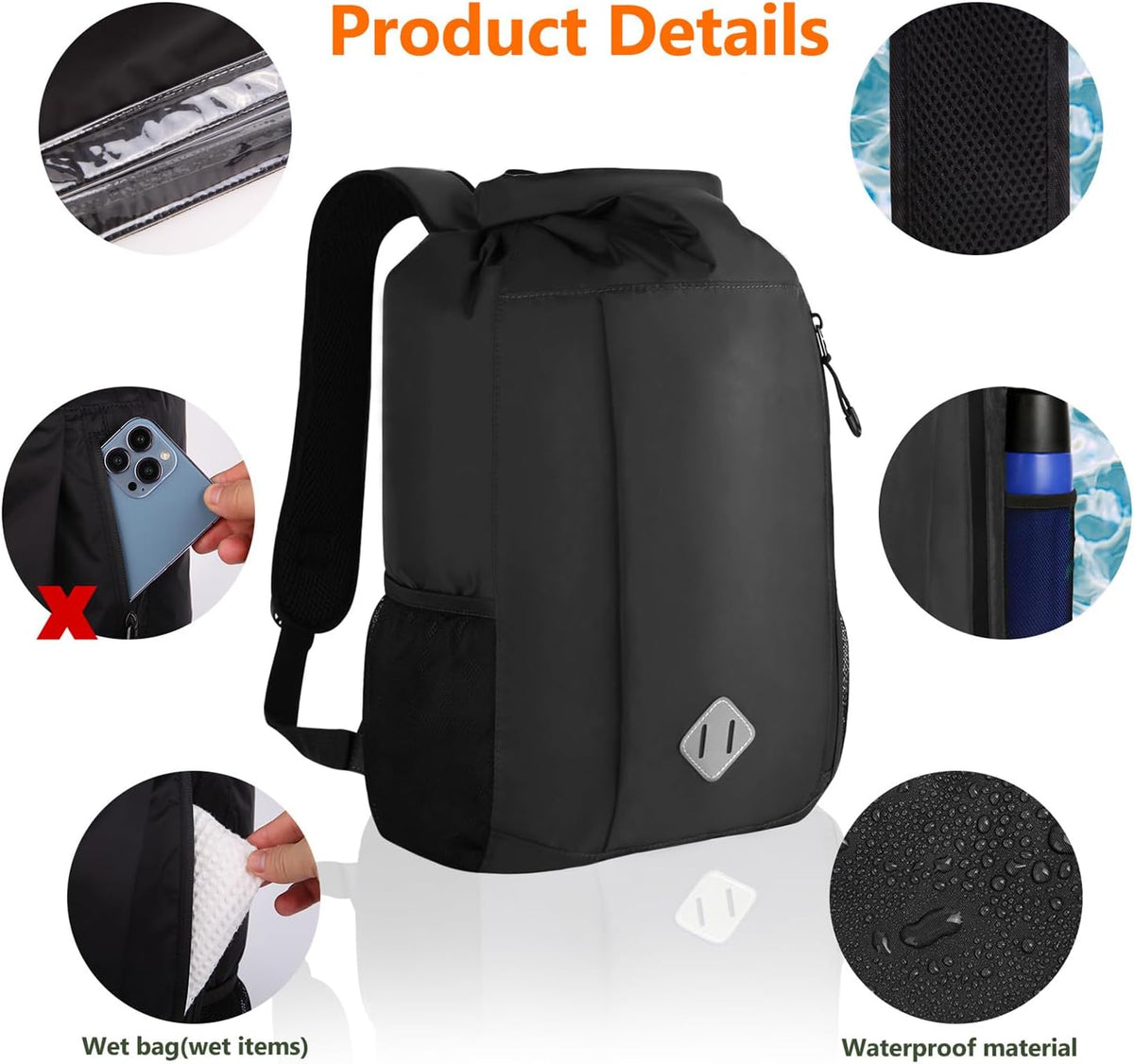 Drybag backpack waterproof, IPX68 100% Waterproof Dry Bag Backpack with Roll-Top Sealed Design, Keeps Gear Dry for Canoe, Kayaking, Water Sports Vacation, Rafting Travel & Surfing (WL005black)