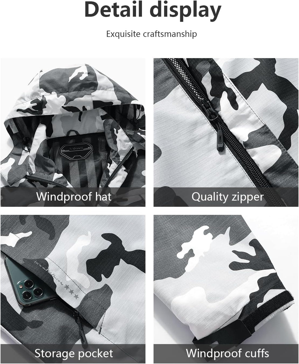 Outdoor Men's Waterproof Raincoat Windbreaker Lightweight Rain Jacket with Detachable Hood