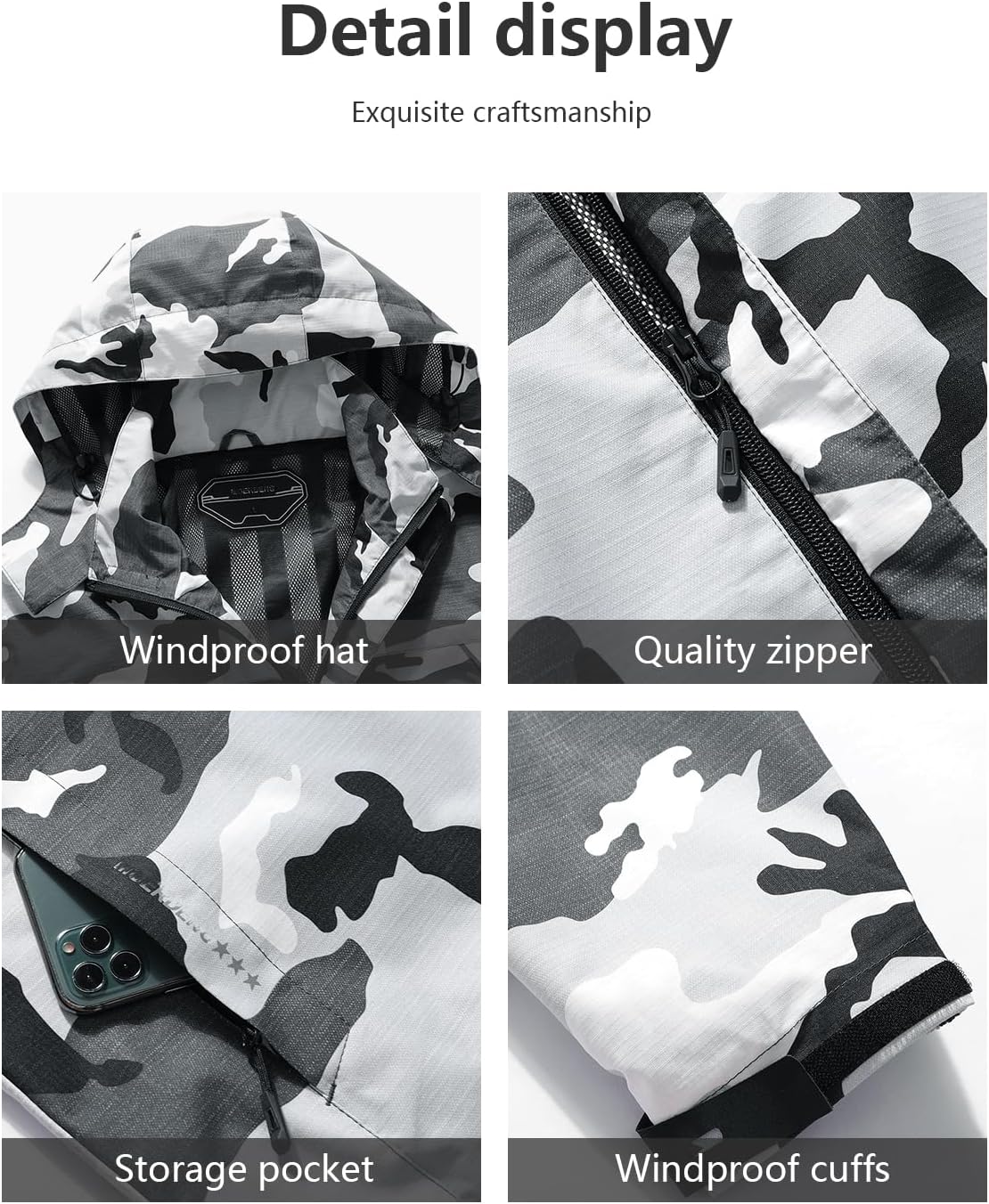 Outdoor Men's Waterproof Raincoat Windbreaker Lightweight Rain Jacket with Detachable Hood