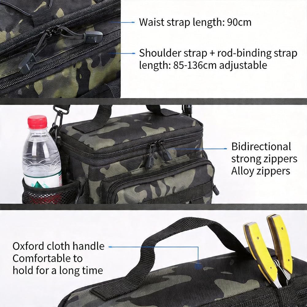 Oxford Fishing Tackle Bag, Water-Resistant Portable Multi-Pocket Fishing Gear Backpack for Anglers, with Rod Holder & Shoulder Strap