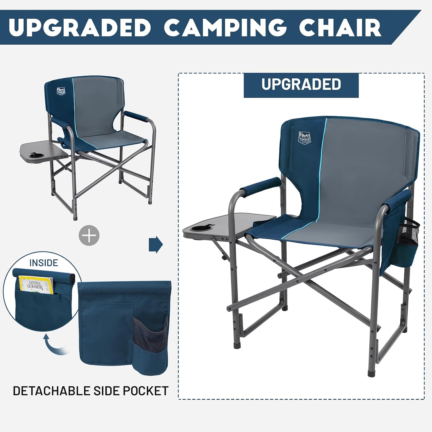 Timber Ridge Aluminum Oversized Camping Chair, Lightweight Portable Directors Chair with Side Table Detachable Side Pocket for Outdoor Camping, Lawn, Picnic, Support 400lbs Blue