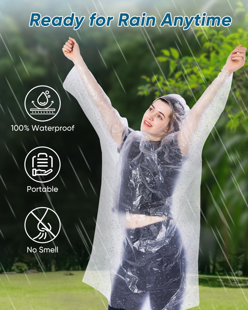 50/100 Pack Disposable Rain Ponchos with Hood for Adults, Family Pack Raincoats Bulk for Women and Men