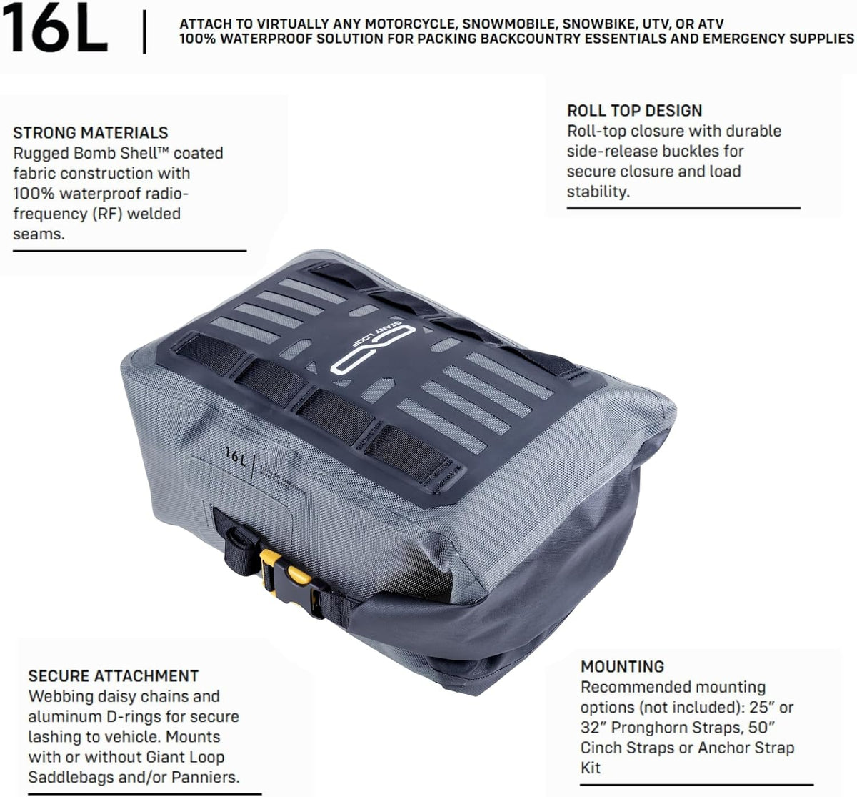 Giant Loop Revelstoke Dry Bag, Waterproof Roll-Top Motorcycle Bag, 16-Liter Capacity, Fits Any Motorcycle, UTVs, ATVs, Snowmobiles & More (Gray)