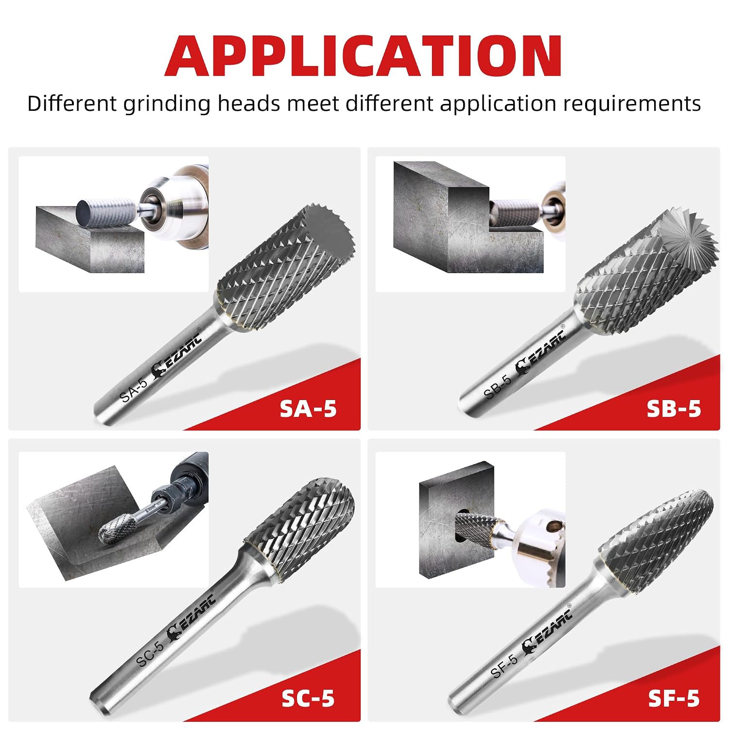EZARC Tungsten Carbide Rotary Burr Set, 5PCS SC-5 Double Cut, 1/4" Shank