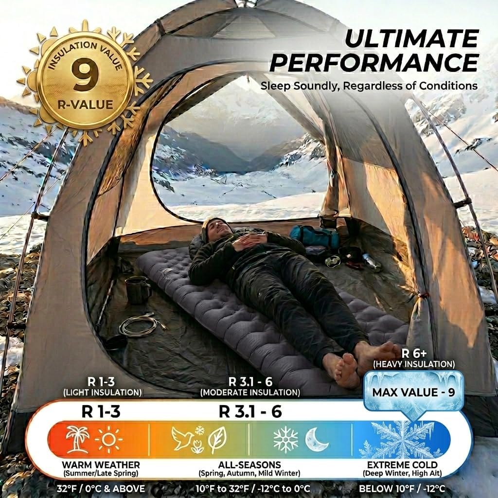 Camping Sleeping Pad, SGS Certified 9.0 R-Value 4" Thick Inflatable Camping Mattress Ultralight Insulated Sleeping Pad for Tent, Car Camping, Truck Bed & All Season Outdoor Use