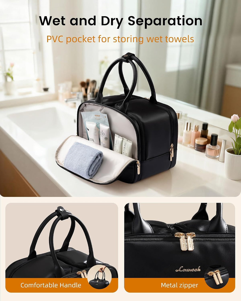 LOVEVOOK Travel Toiletry Bag for women, Leather Large Wide-open Makeup Bag, Waterproof Cosmetic Bag Organizer for Shower, Traveling, Toiletries, Bathroom