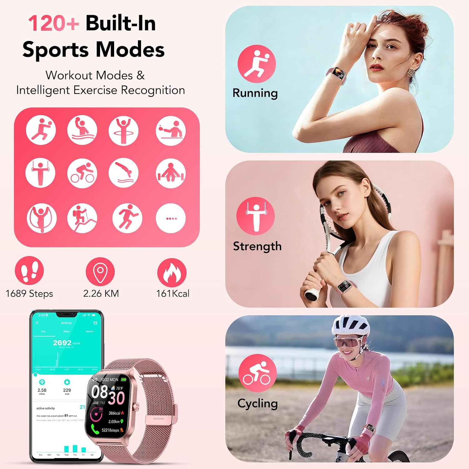 Smart Watch for Women, Answer/Make Call/AI Voice,1.85" HD Smartwatch for iPhone/Samsung/Android, 120+ Sport Modes Fitness Tracker with Heart Rate/Sleep Monitor,IP68 Waterproof (2 Bands)