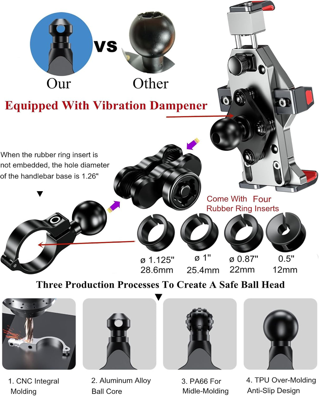 BRCOVAN Anti-Theft Aluminum Alloy Motorcycle Phone Mount Holder, Silver