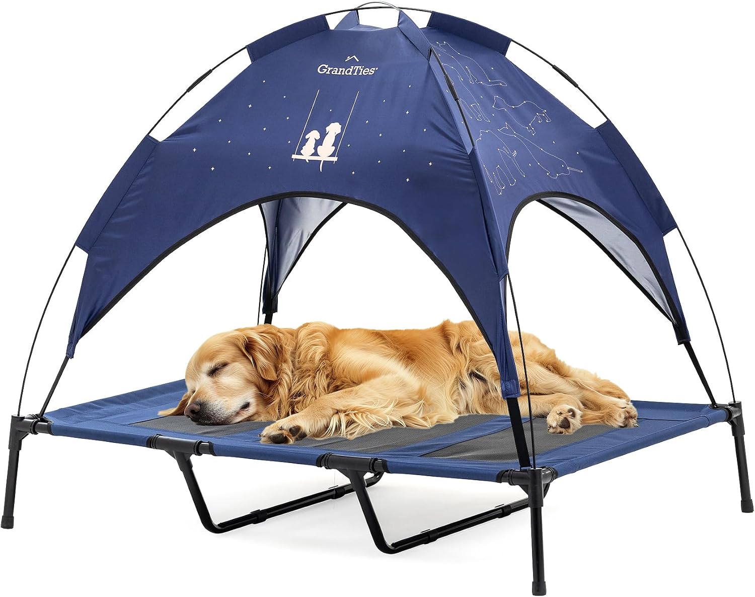 GRANDTIES Cooling Elevated Dog Bed with Canopy – XL Portable Pet Cot for Outdoor & Indoor Use – Waterproof Removable Shade, Breathable Mesh, Slip-Resistant Feet, Easy Assembly – Ivory White