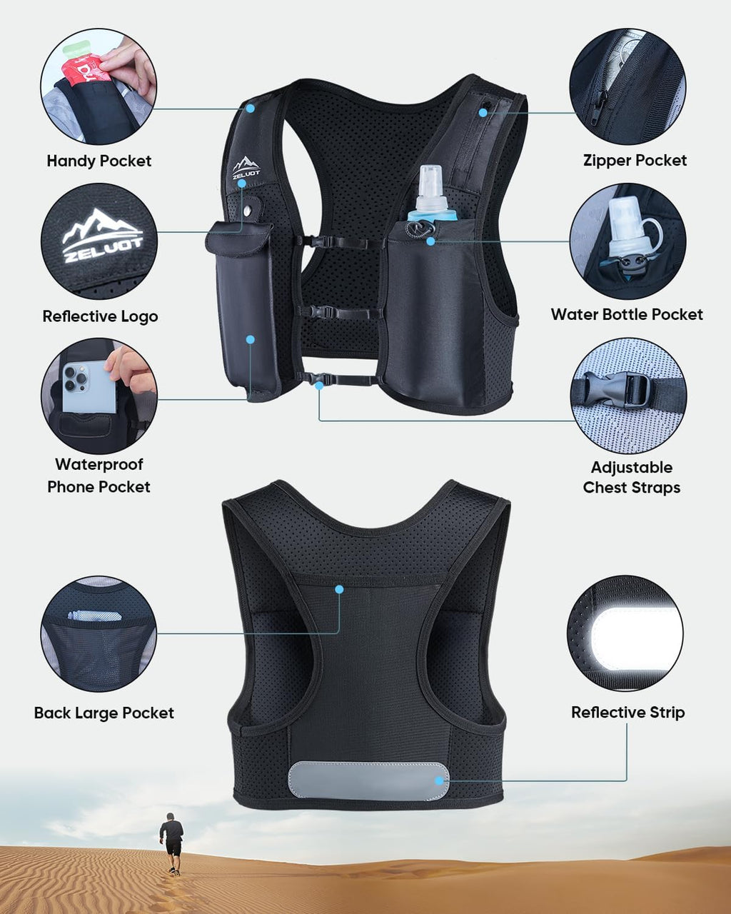 Zelvot Running Vest for Women Men, Touchscreen Phone Pocket