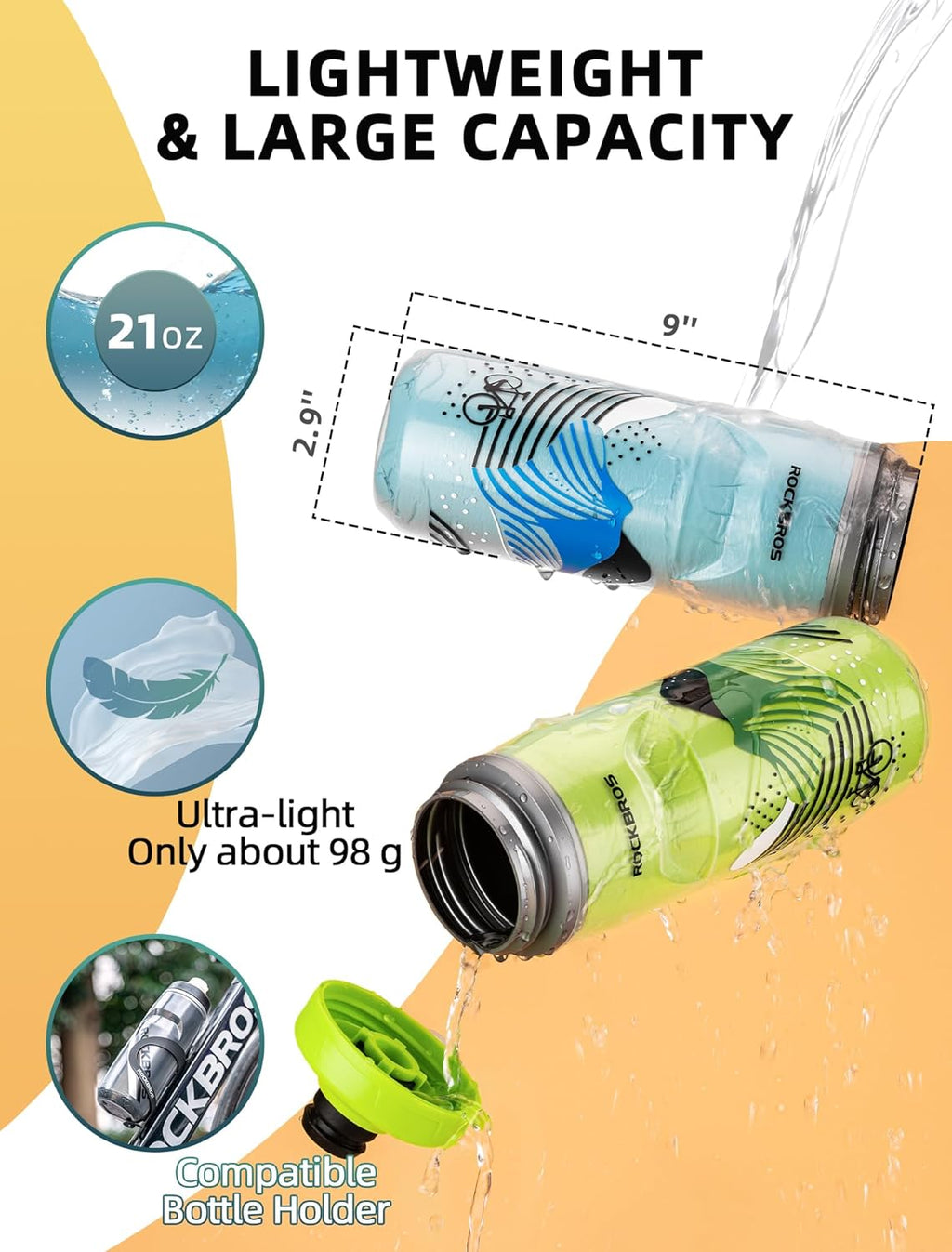 ROCKBROS Bike Water Bottle, 21oz Insulated Cycling Squeeze Bottle