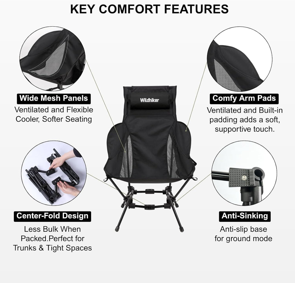 Wildhiker HuggleMode High Back Folding Camping Chair, 2 Seat Heights -Black