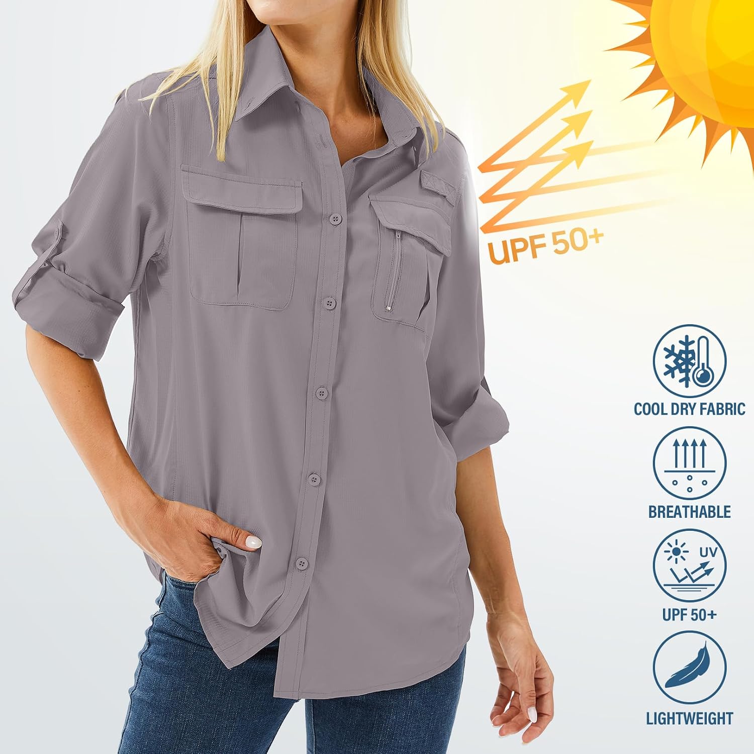 Women's UPF 50 Long Sleeve Sun Protection Safari Fish Hiking Shirts