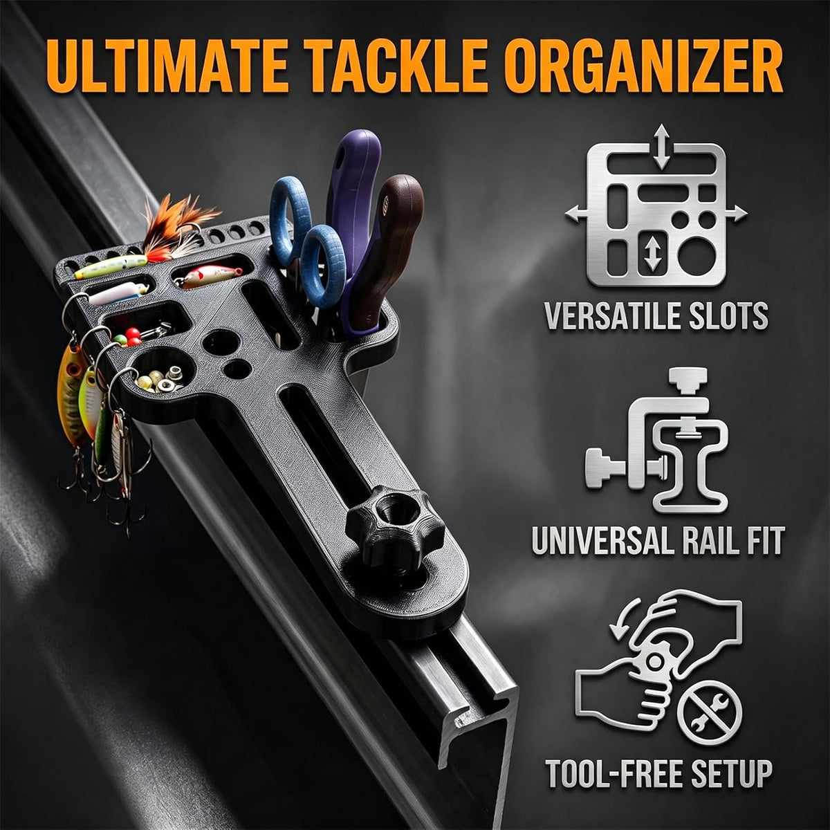 Kayak Fishing Tool Holder, T Track Mount Organizer with Lure Rack