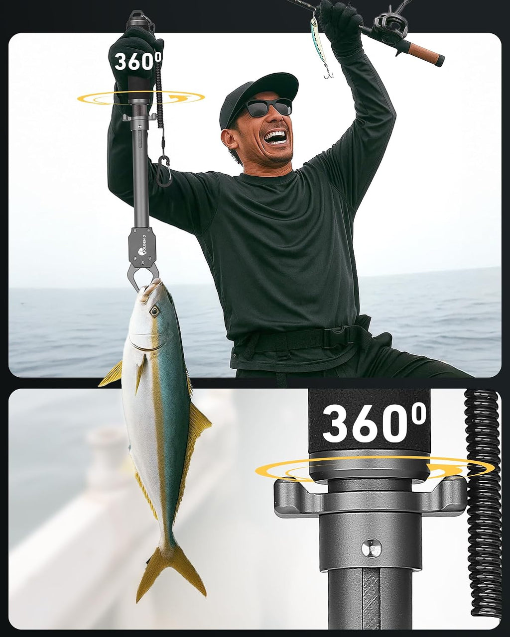 GOLDEN J 16" Fish Lip Gripper - Heavy-Duty & Saltwater Proof, Aircraft-Grade Aluminum Alloy, 60LB Capacity, Non-Slip 360° TPR Swivel Handle & Anti-Escape Push Rod, for Surf, Ice, Fresh/Saltwater