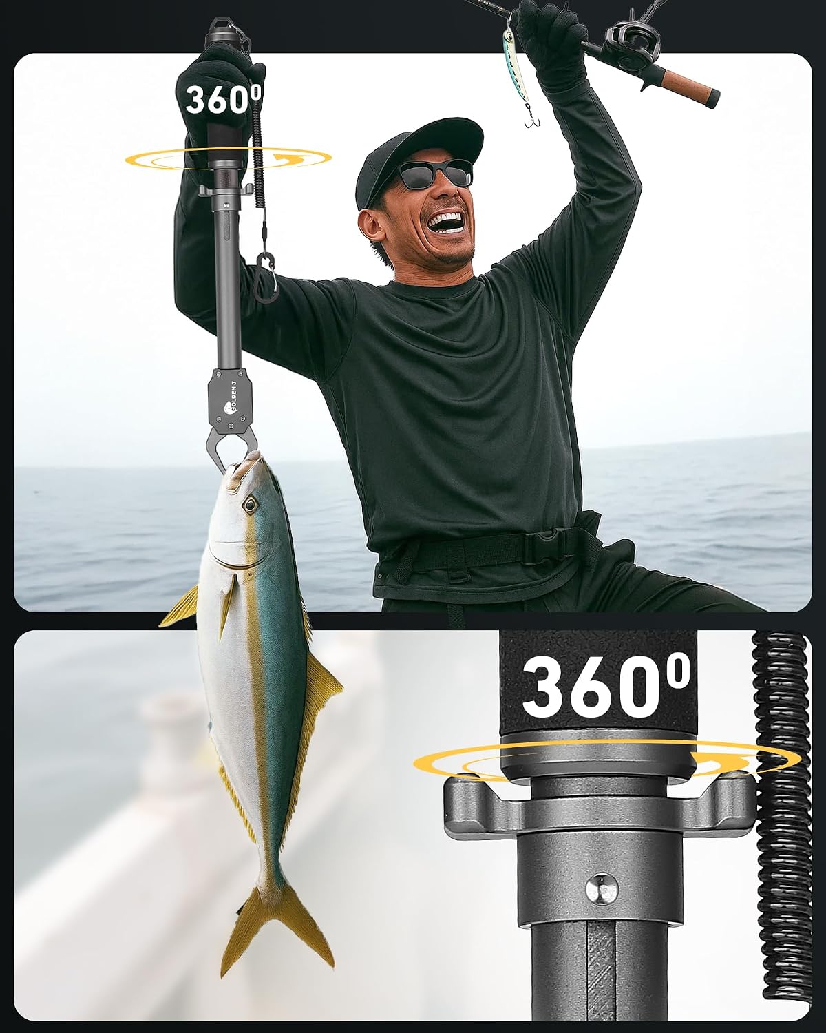 GOLDEN J 16" Fish Lip Gripper - Heavy-Duty & Saltwater Proof, Aircraft-Grade Aluminum Alloy, 60LB Capacity, Non-Slip 360° TPR Swivel Handle & Anti-Escape Push Rod, for Surf, Ice, Fresh/Saltwater