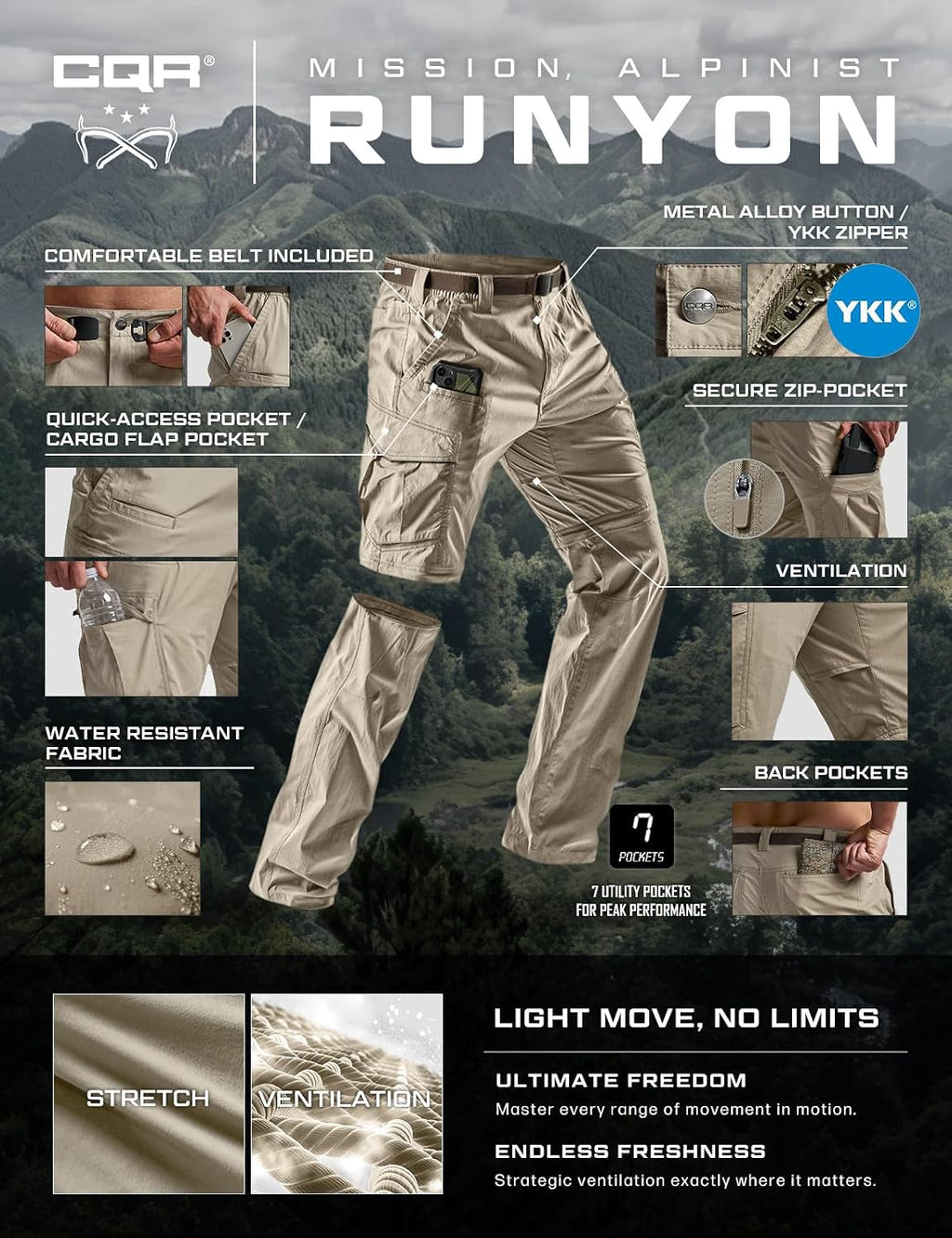 CQR Men's Convertible Cargo Tactical Pants, Water Resistant Outdoor Hiking Pants, Zip Off Lightweight Stretch Work Pants