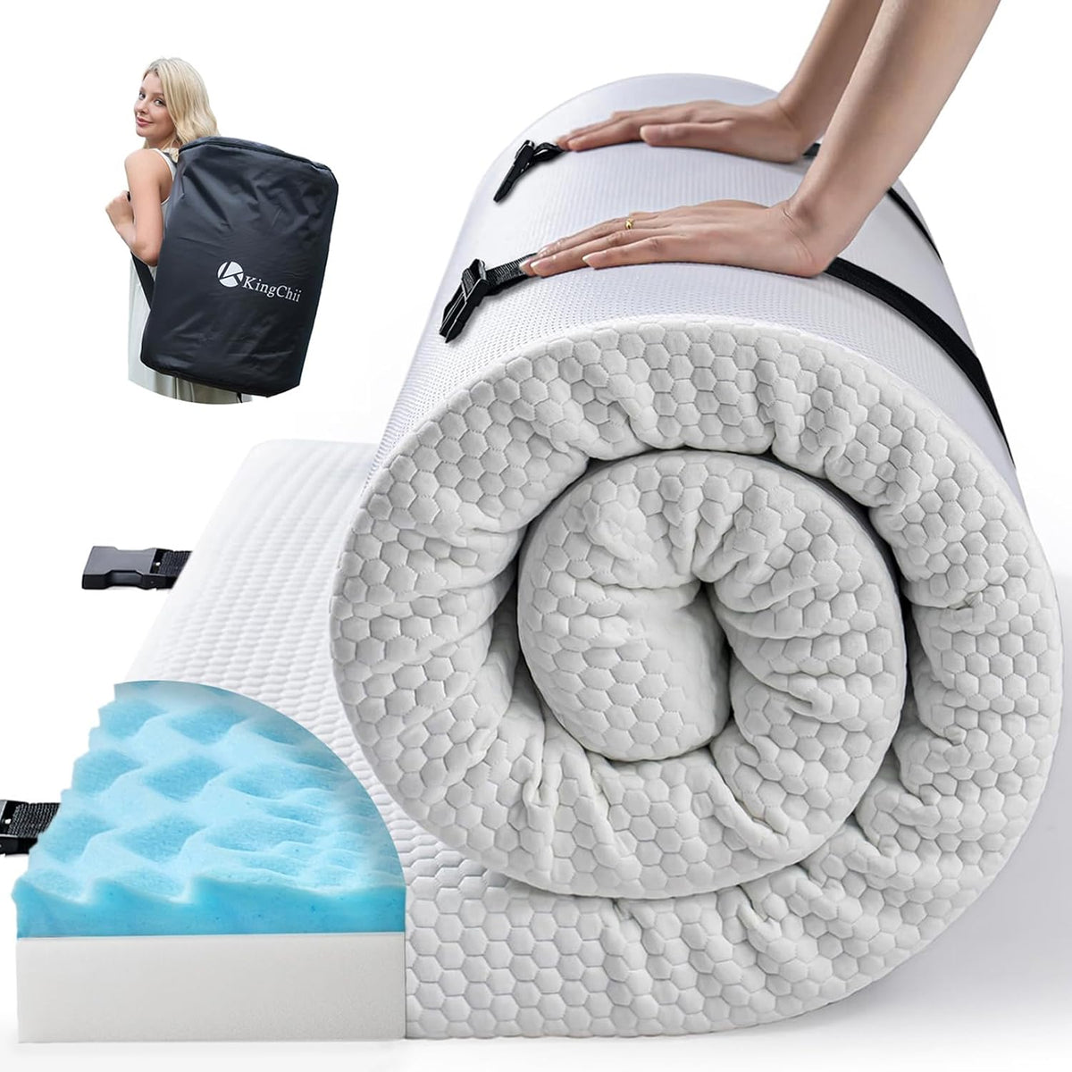 KingChii Memory Foam Camping Mattress, Portable Roll Up Sleeping Pad for Road Trip, Floor Mat Roll Up Futon Mattress for Guests Sleepoverr
