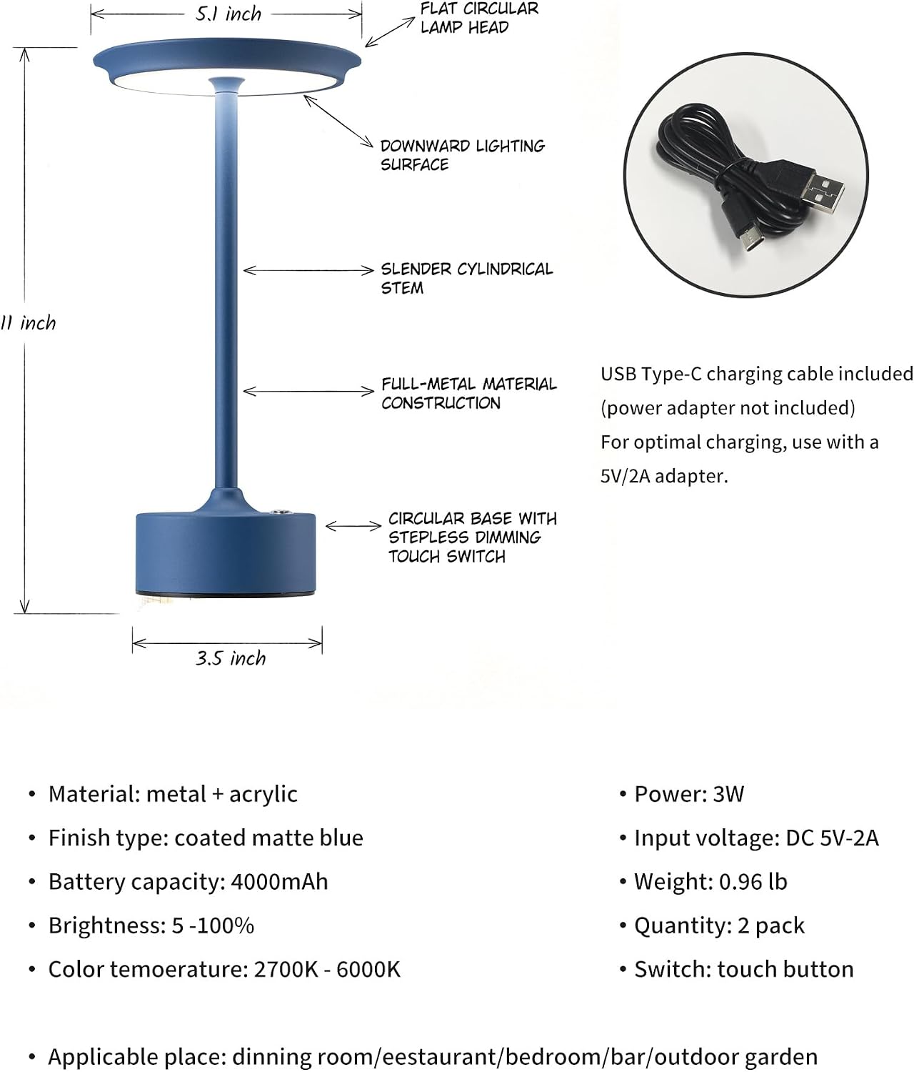 PUSU Rechargeable Table Lamps Set of 2, Blue Cordless Portable Desk Lamp