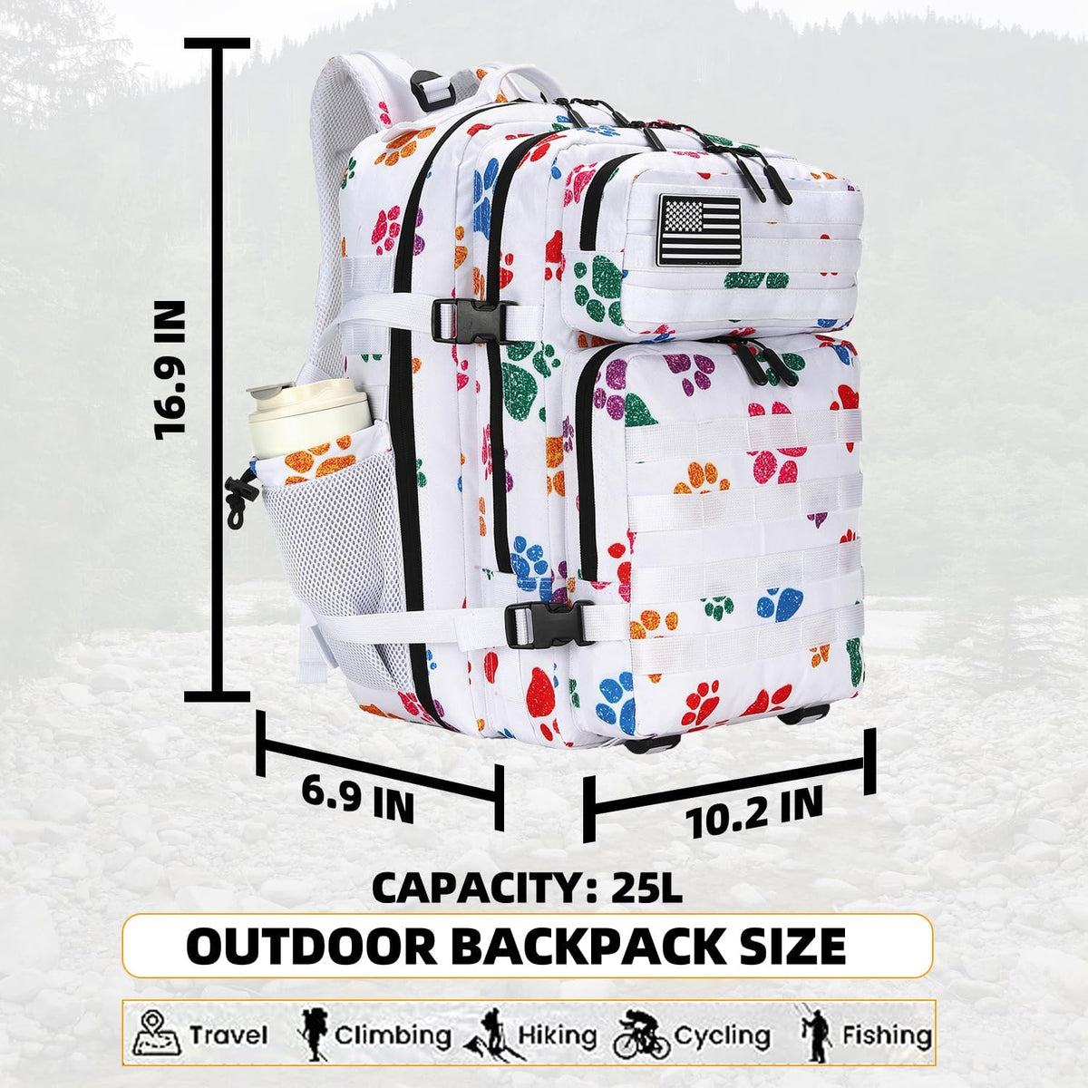 Lovelinks21 25L Tactical Military Backpack Small Travel Rucksack for Men and Women Assault Pack Bug Out Bag Molle Daypack Gym Backpack with Bottle Holder (Cat Paw)