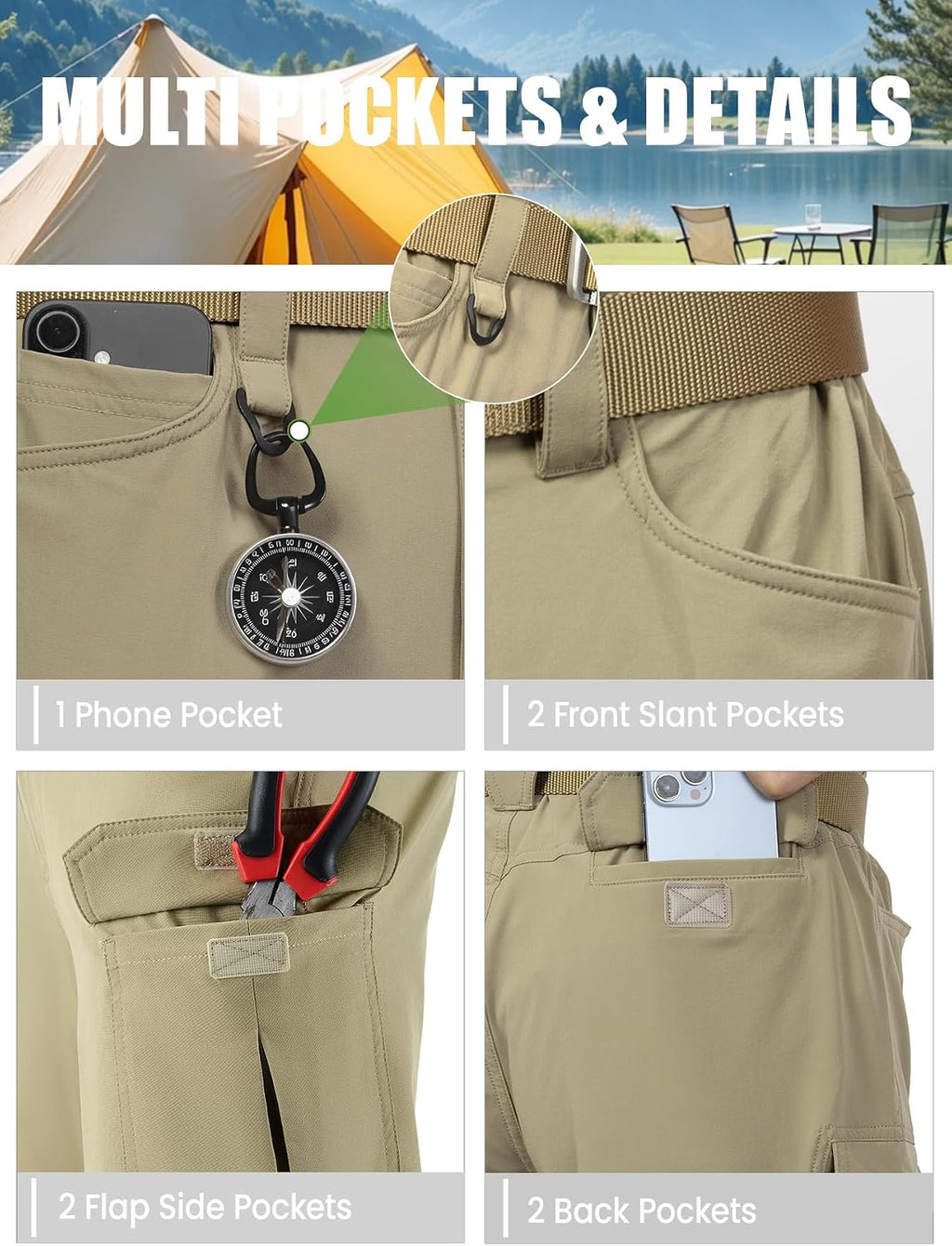 Men's Convertible Hiking Pants with 7 Pockets, Zip-Off Quick-Dry