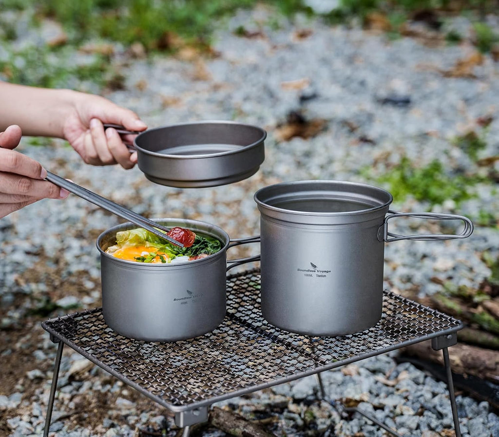 iBasingo Titanium Pot Pan Set with Folding Handle - Ultralight Portable Outdoor Cookware Mess Kit for Camping, Picnic, Travel & Backpacking (1080ml Soup Pot, 900ml Cup, 500ml Frying Pan)