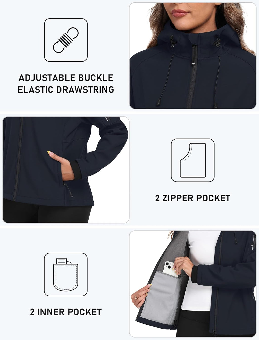 MoFiz Women's Softshell Jacket Waterproof Hooded Fleece Lined Rain Coat