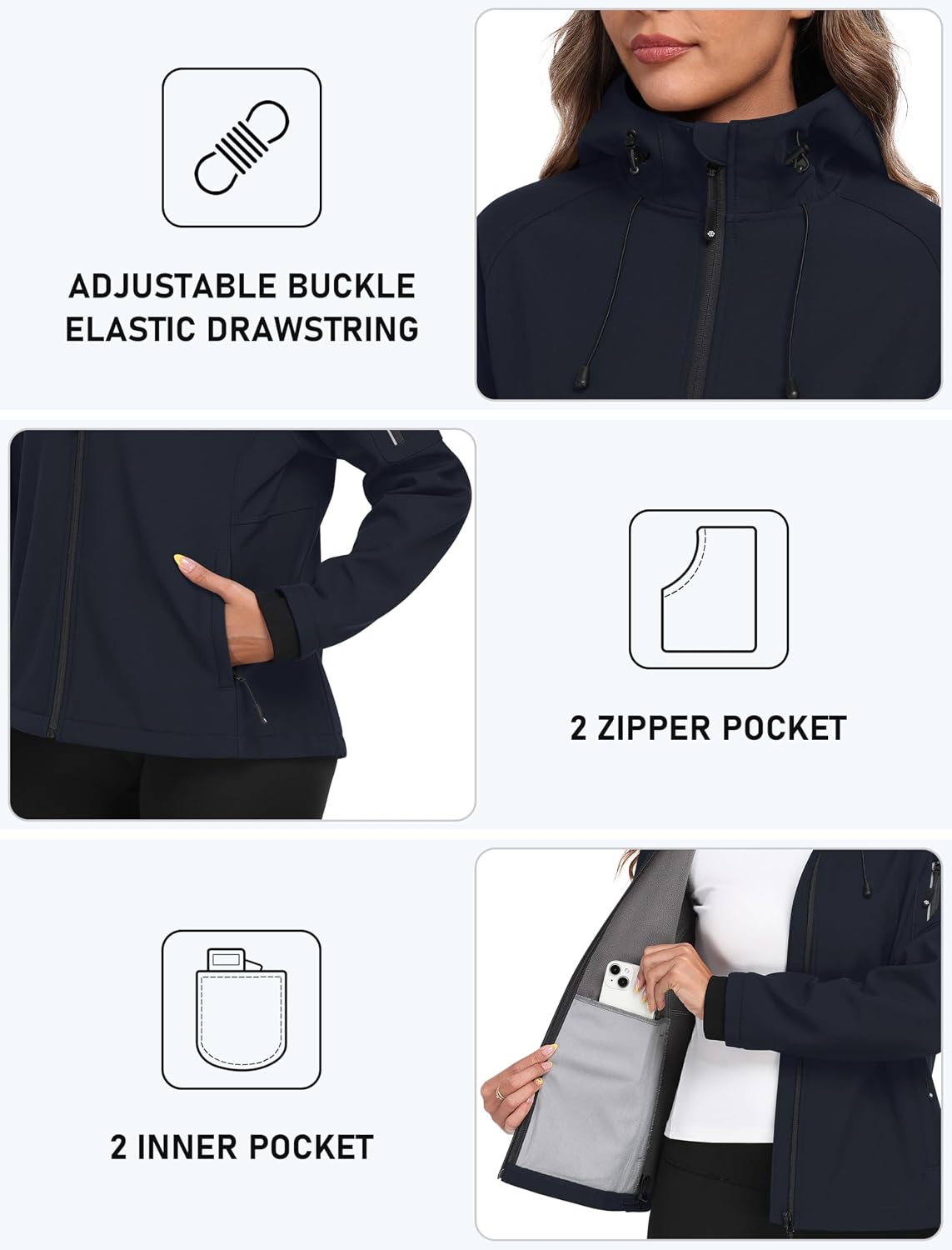 MoFiz Women's Softshell Jacket Waterproof Hooded Fleece Lined Rain Coat