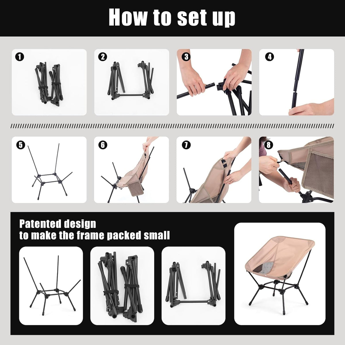 2 Pack Low Back Camping Chair, 2-in-1 Height Adjustable, Heavy Duty