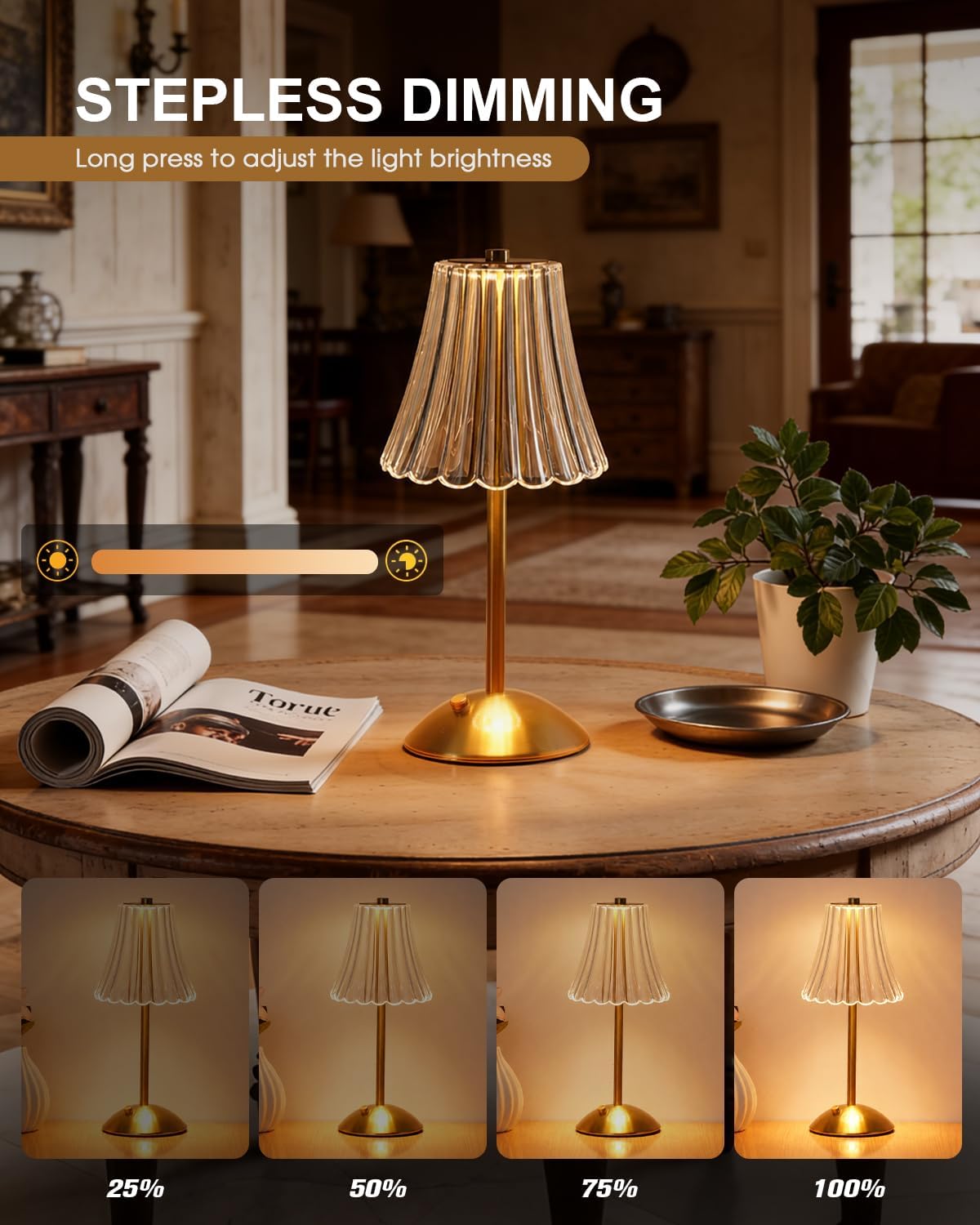 Nusogon Rechargeable Cordless Table Lamp, Gold Touch Crystal Desk Lamp