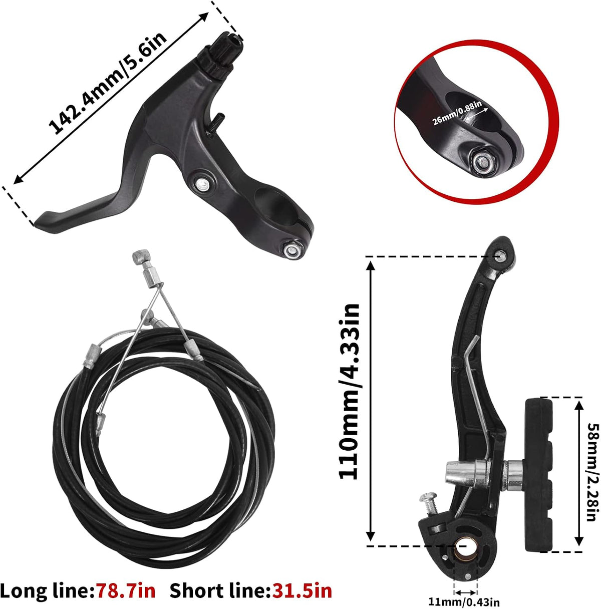 Gashwer V-Type Bike Brakes Set, Complete Universal Bike Front and Rear MTB Bicycle Brake, Inner and Outer Callipers Cables Lever Kit with Multi-Tool Wrenches Black