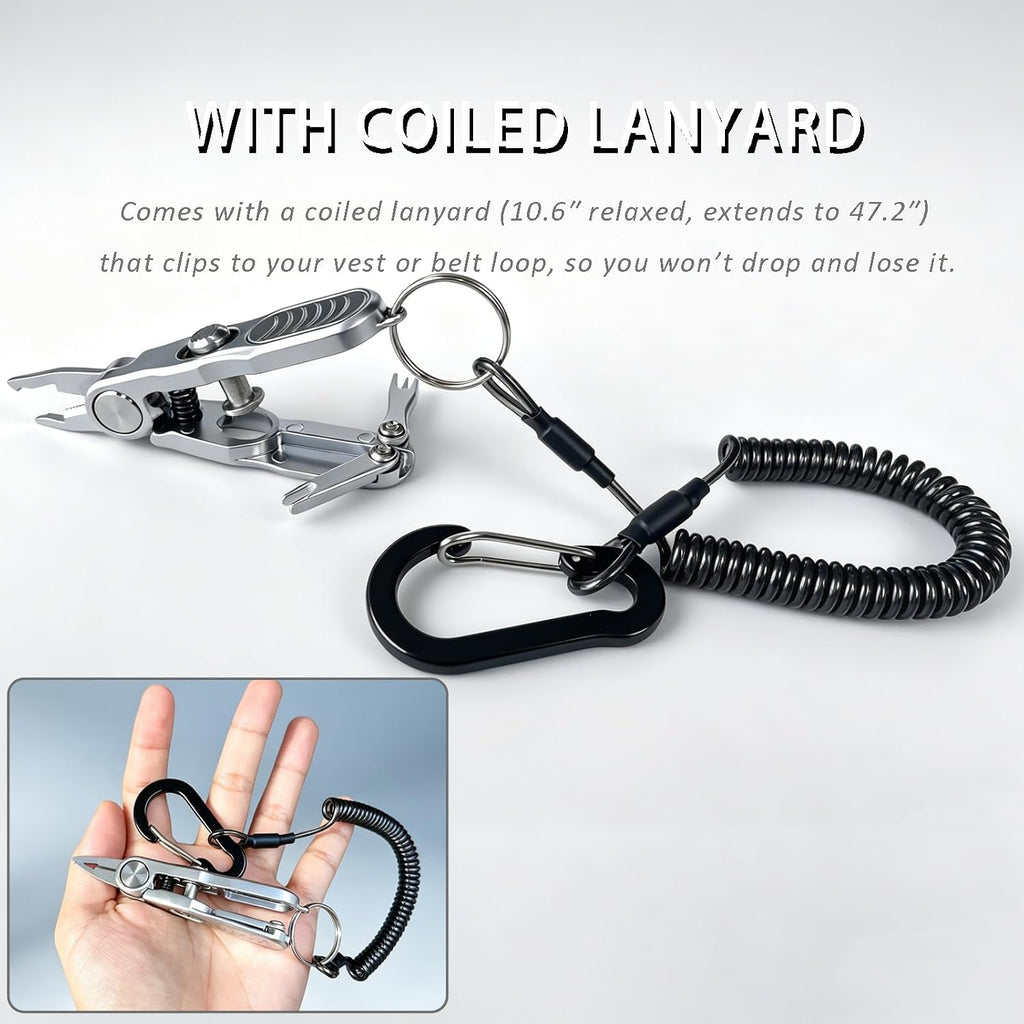 Mini Fishing Pliers, Pocket Tool with Braid Cutter & Coiled Lanyard