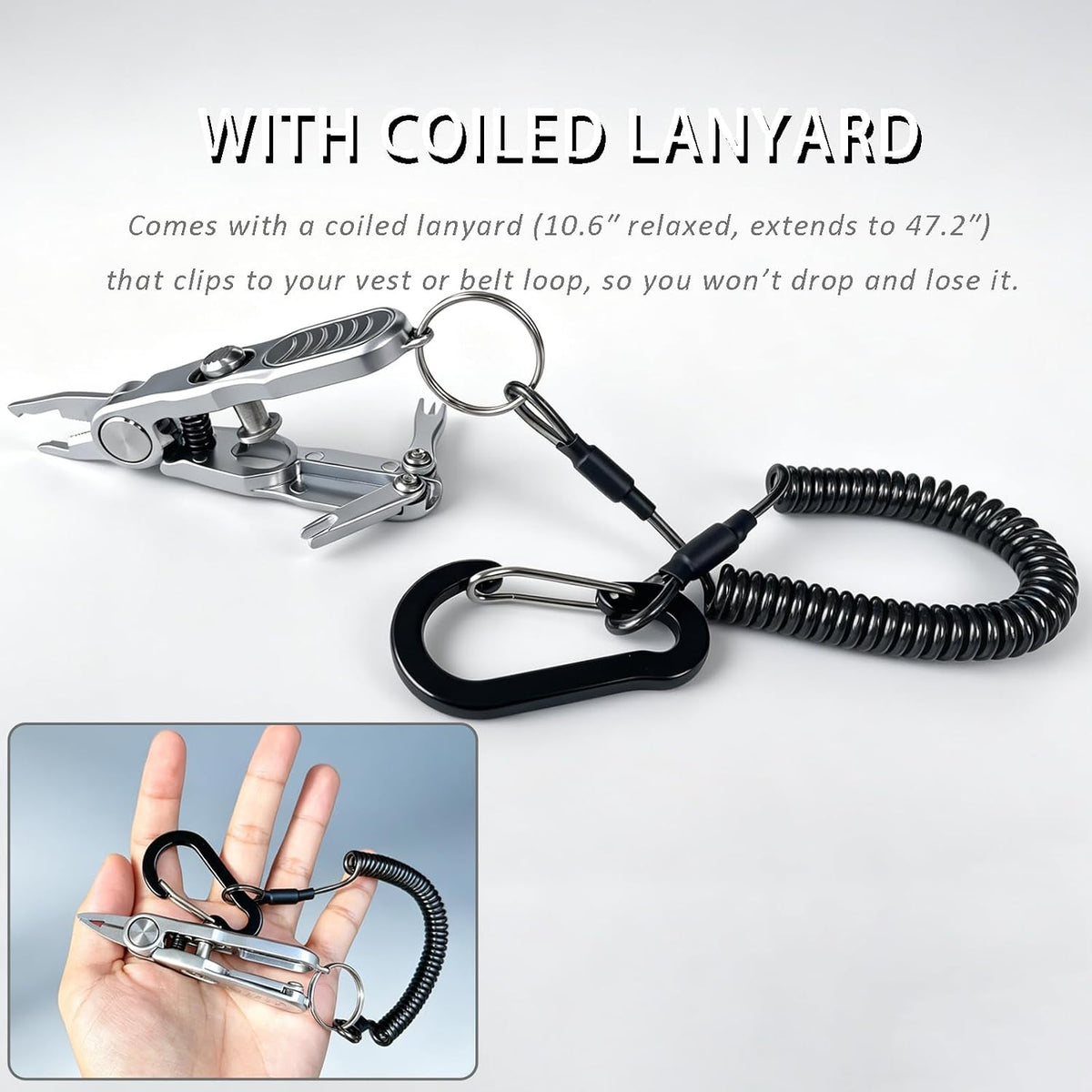 Mini Fishing Pliers, Pocket Tool with Braid Cutter & Coiled Lanyard