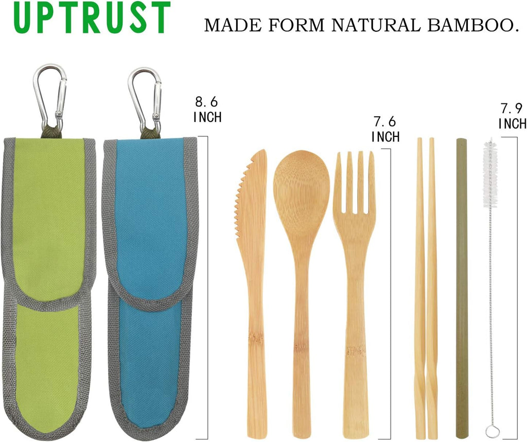 UPTRUST 2 Set Bamboo Cutlery Set Bamboo Travel Utensil Reusable Table cutlery Fork Knife Spoon Chopsticks Straw Cleaning Brush for Travel Picnic School Office（Skyblue& Green）